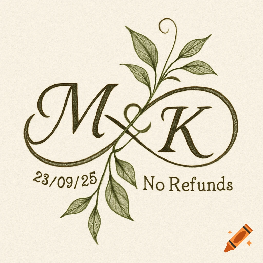 Tattoo design with M & K initials intertwined with an infinity symbol and a leafy vine, featuring the date 23/09/25 and 'No Refunds' text.