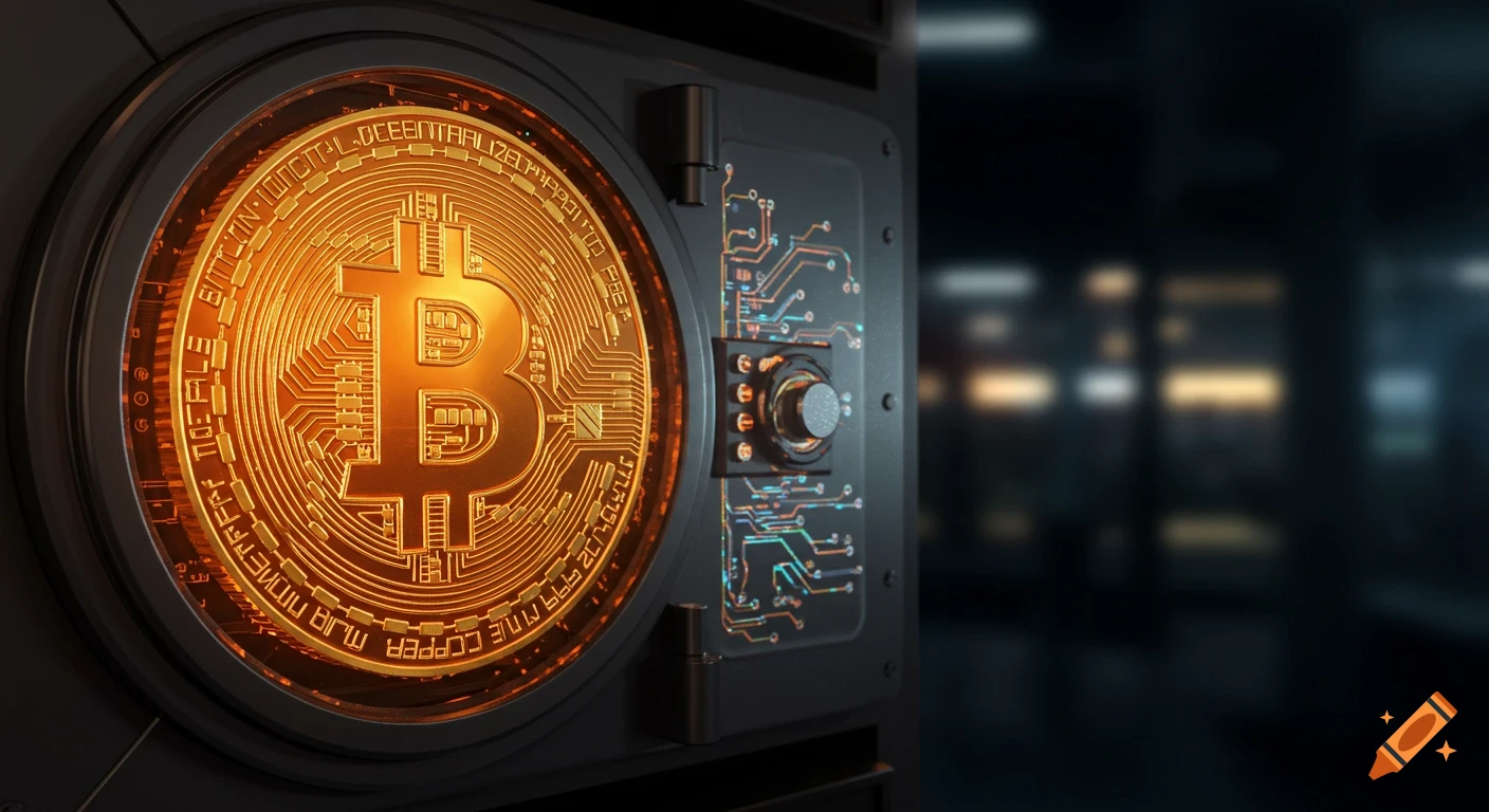 A glowing golden Bitcoin symbol integrated into a futuristic, dark metallic vault with holographic circuit patterns and security elements.