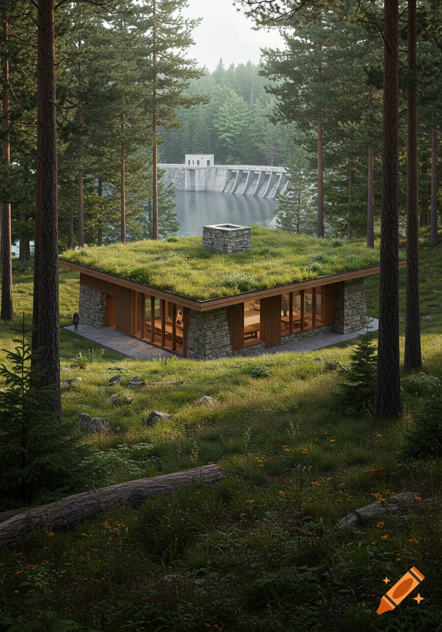 A modern building with a green roof and stone walls is nestled among ...