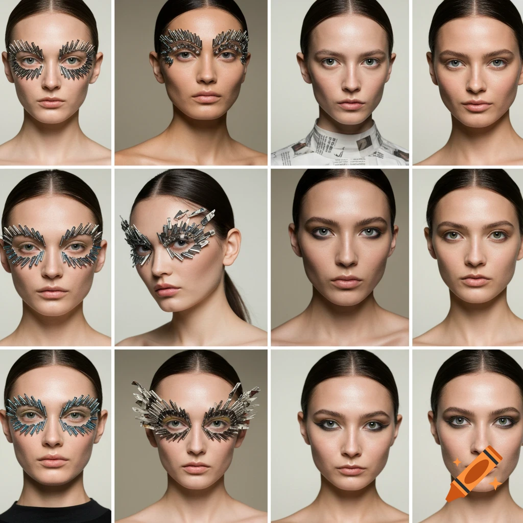 A grid of twelve photorealistic portraits of women showcasing avant-garde makeup made from paper clips and newspaper fragments.
