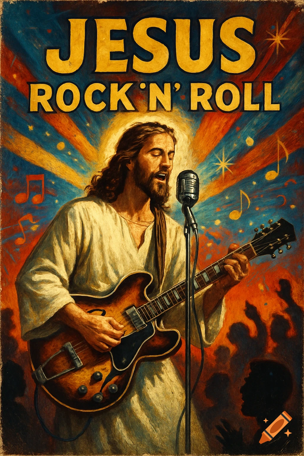 Jesus, with long hair and beard, plays an electric guitar and sings into a vintage microphone on a stage, with 'JESUS ROCK 'N' ROLL' text above.