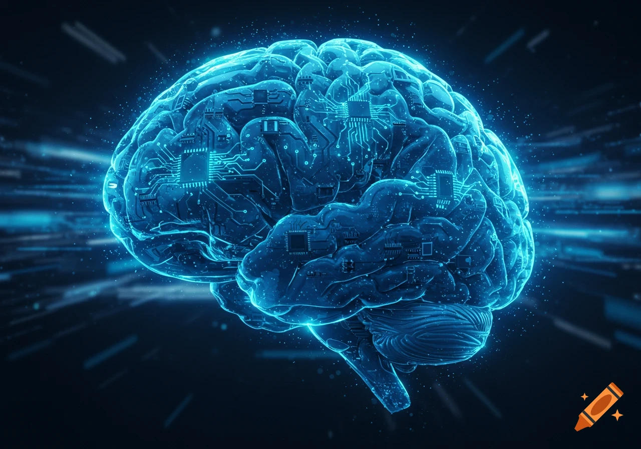 A glowing blue human brain composed of electronic circuits and microchips on a dark, digital background.
