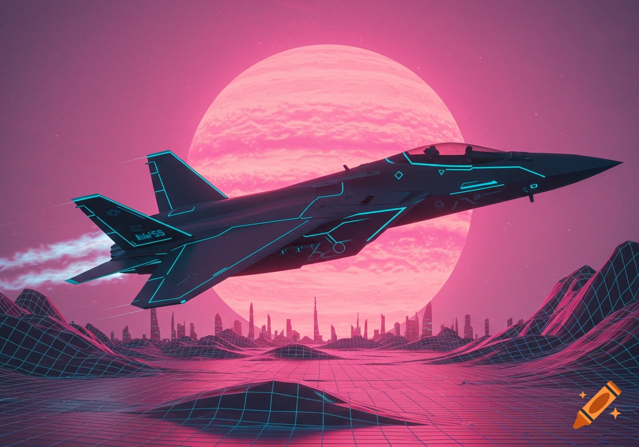 A dark futuristic jet with blue neon lines flies over a pink grid landscape and city, with a large pink planet behind it in synthwave style.
