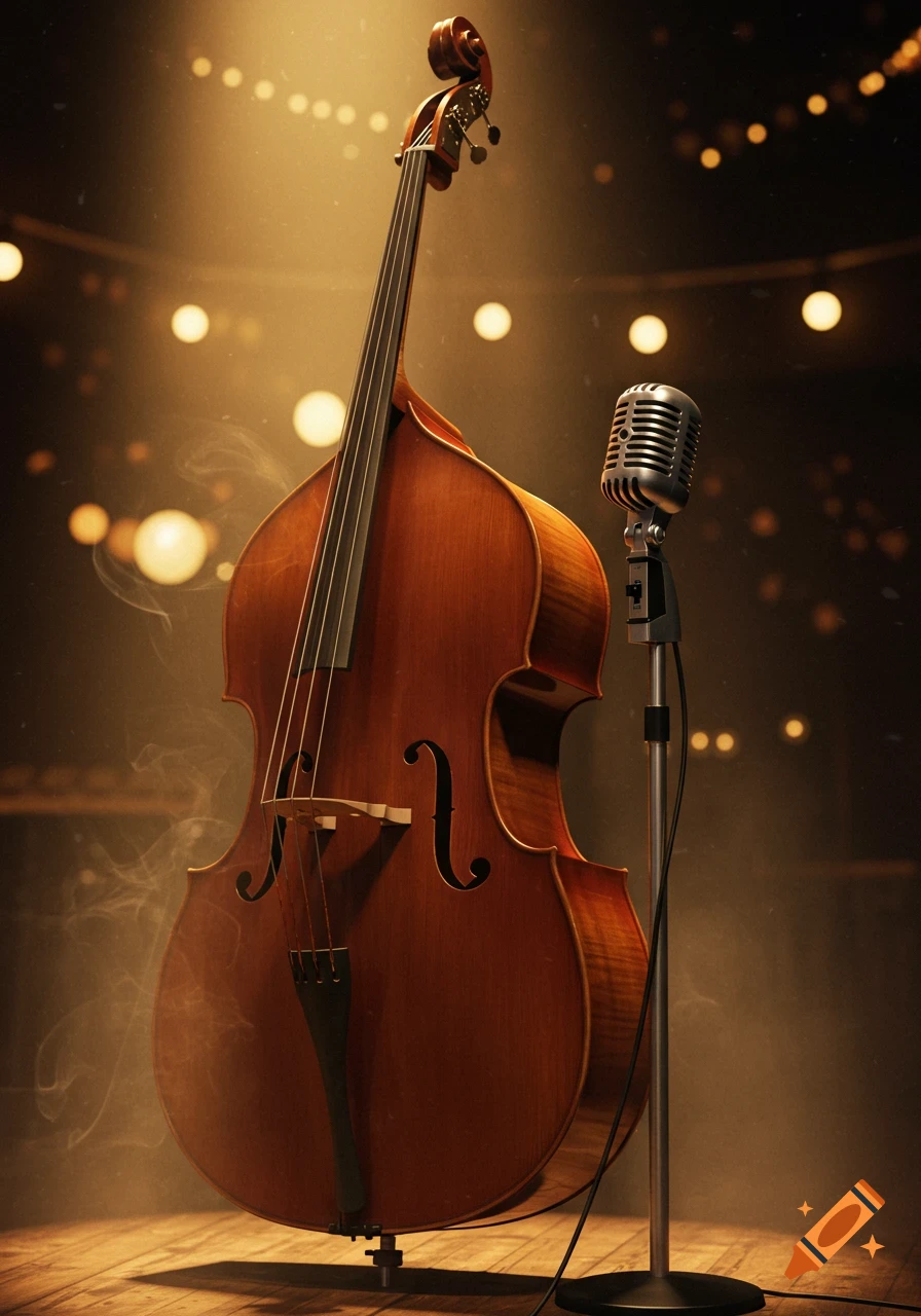 A warm, photorealistic shot of a double bass and a vintage microphone on a smoky stage with bokeh lights in the background.