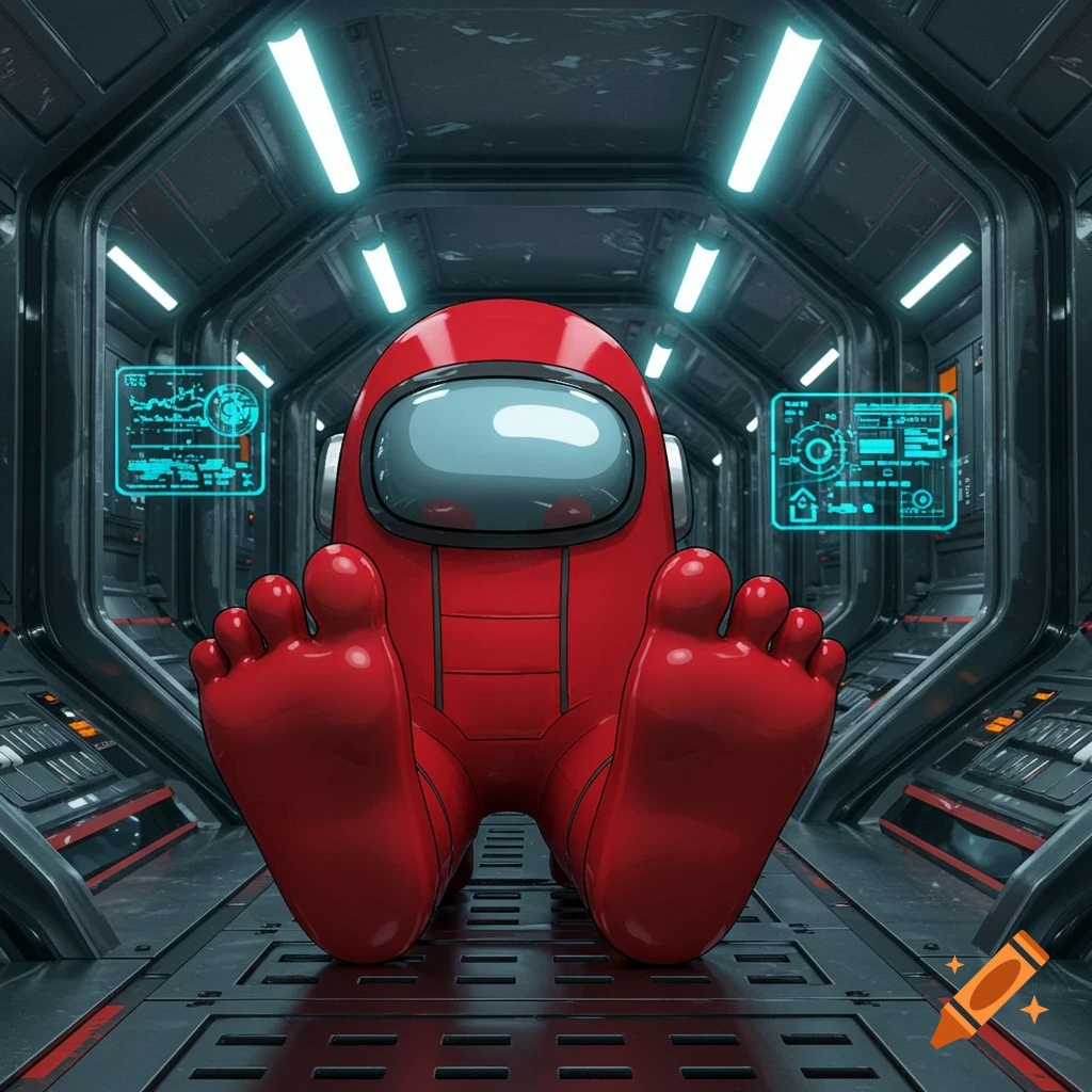 A red Among Us character with large, round bare feet sits on a metal floor in a futuristic spaceship corridor with glowing blue screens.