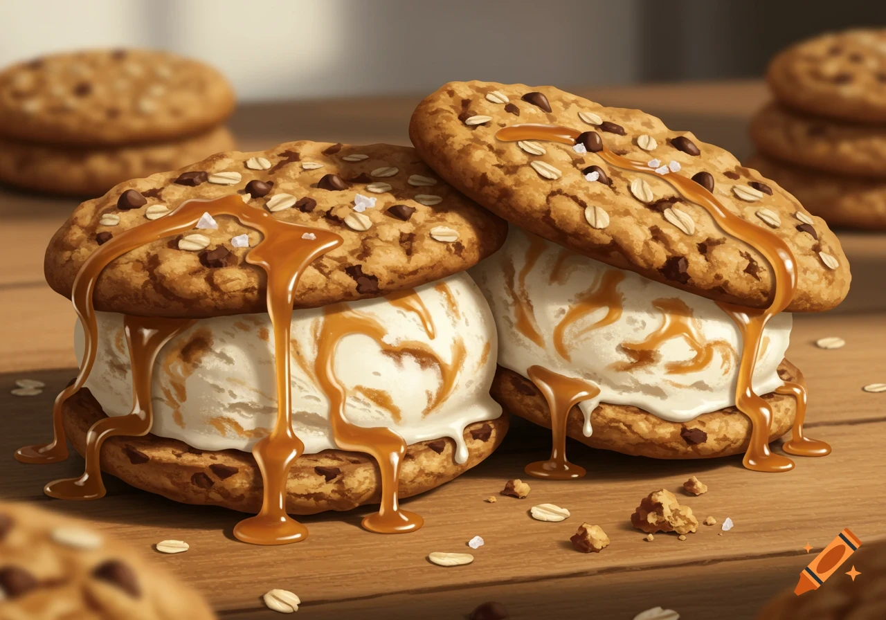 Close-up of two oatmeal chocolate chip cookie ice cream sandwiches with caramel drizzle and sea salt on a wooden table, with more cookies in the blurred background.