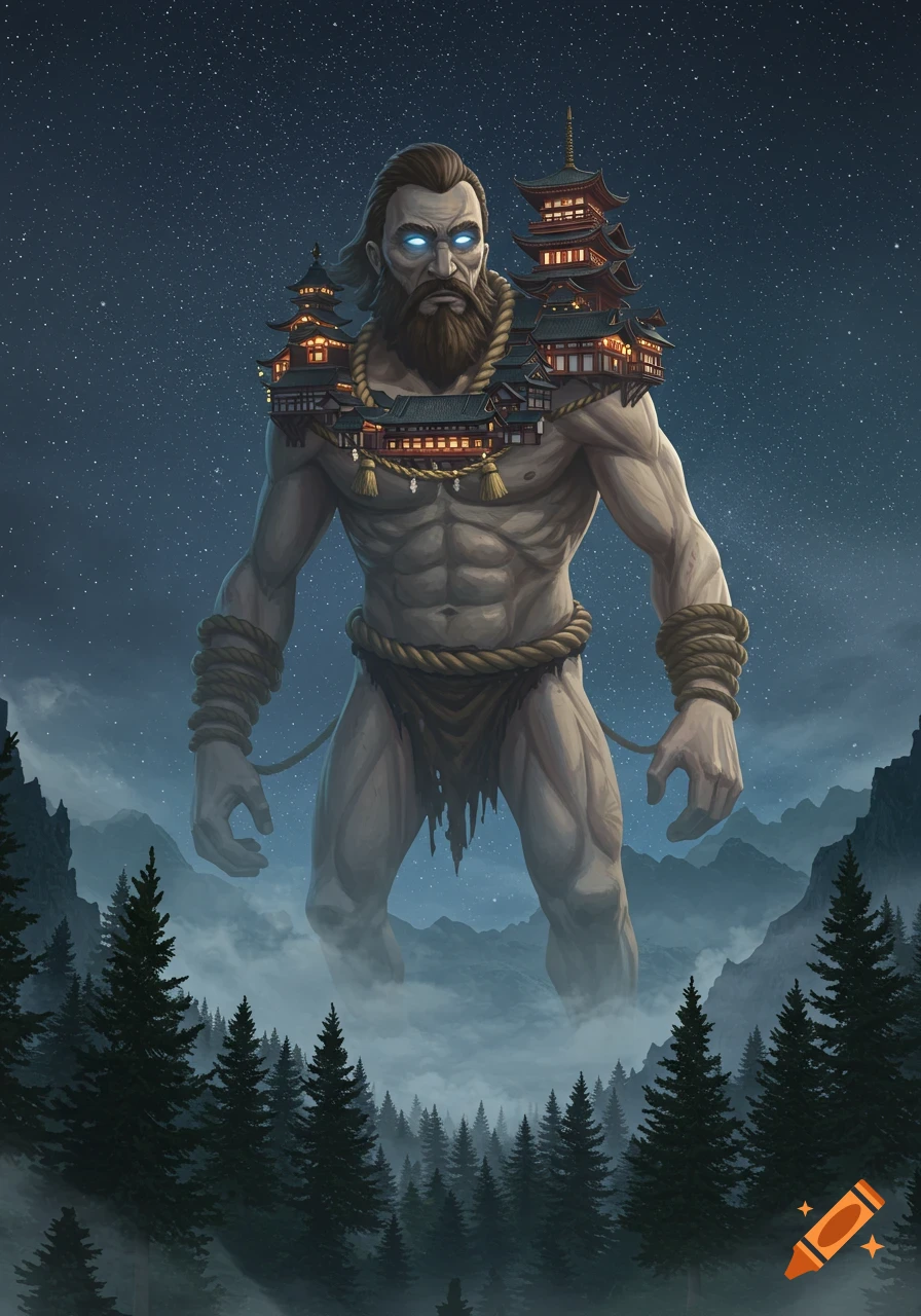 A colossal, muscular giant with glowing blue eyes carries a Japanese town on his shoulders, towering over a misty evergreen forest at night under a starry sky.