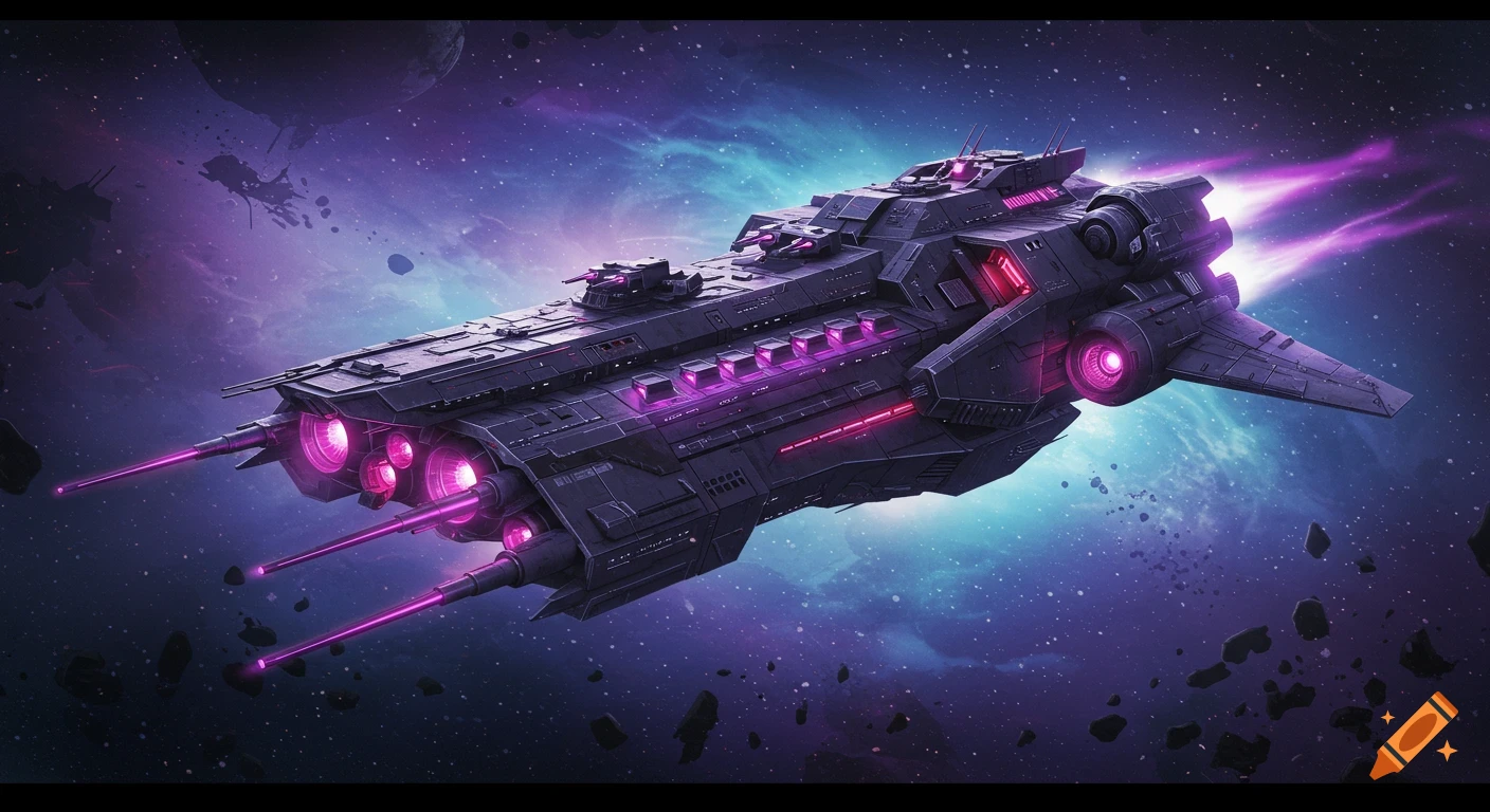 A large, detailed sci-fi mothership with glowing purple and red lights flies through a vibrant purple and blue galaxy with asteroids.