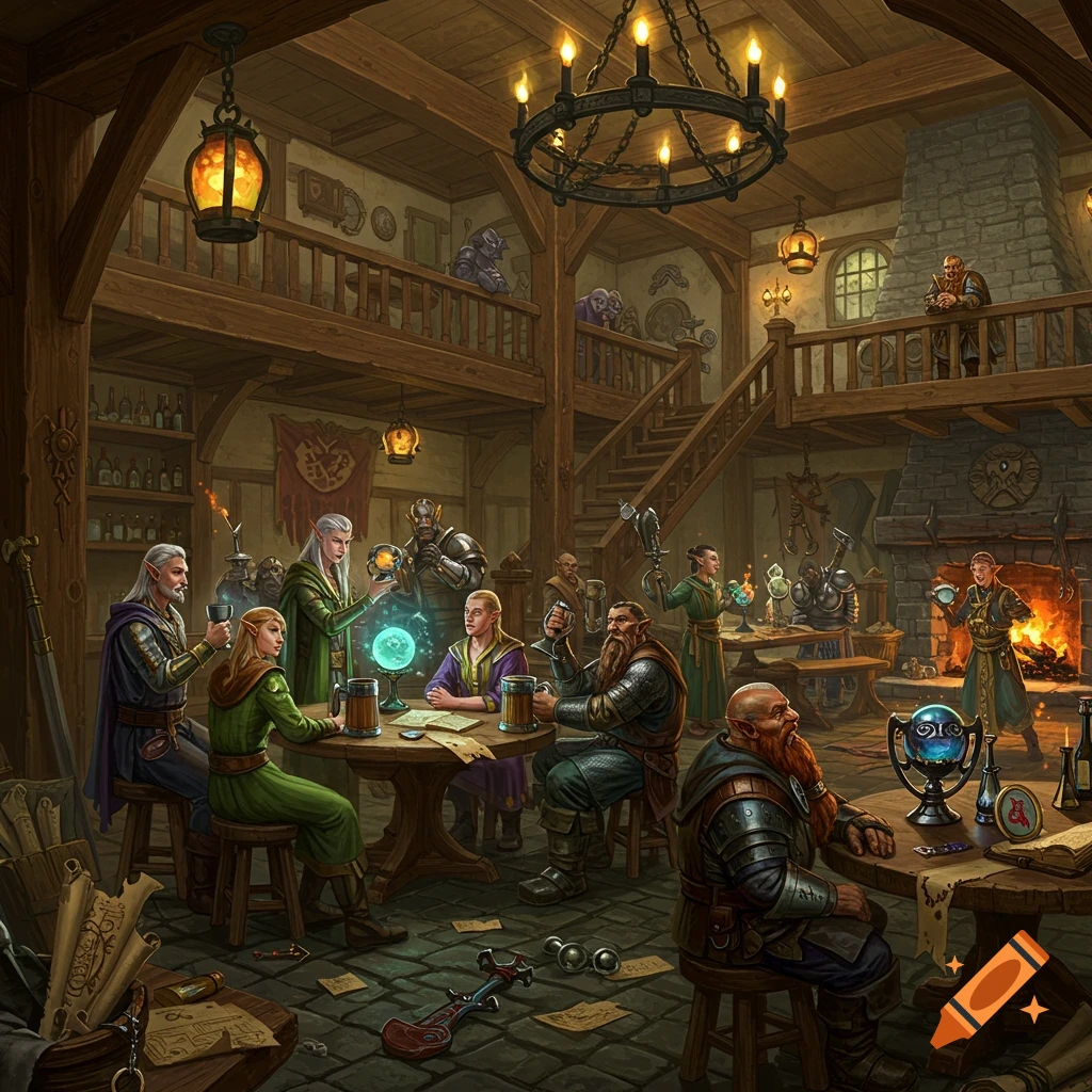 A detailed fantasy illustration of a busy multi-level tavern bustling with diverse fantasy races like elves, dwarves, and wizards.