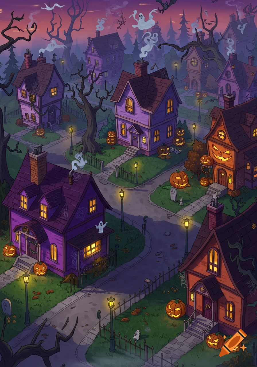 A cartoon Halloween neighborhood viewed from above with purple and orange houses, glowing jack-o'-lanterns, ghosts, and bare trees under a twilight sky.