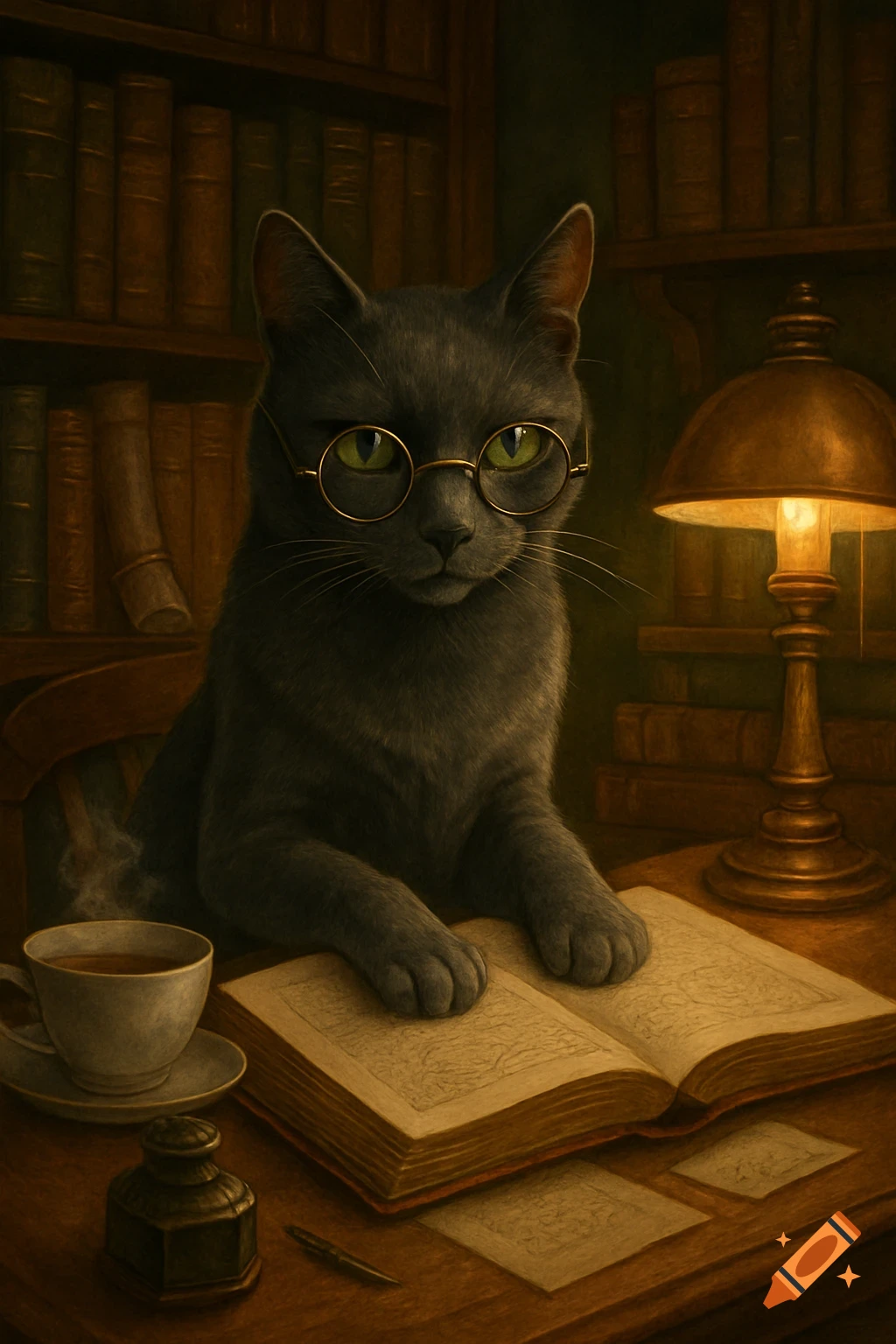 A gray cat with glasses sits at a desk, looking over an open book next to a tea cup and a lamp, in a library.