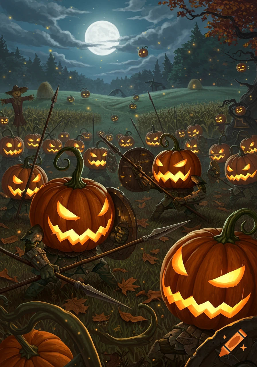 An army of glowing jack-o'-lanterns with spears and shields advances through a moonlit field with a scarecrow.