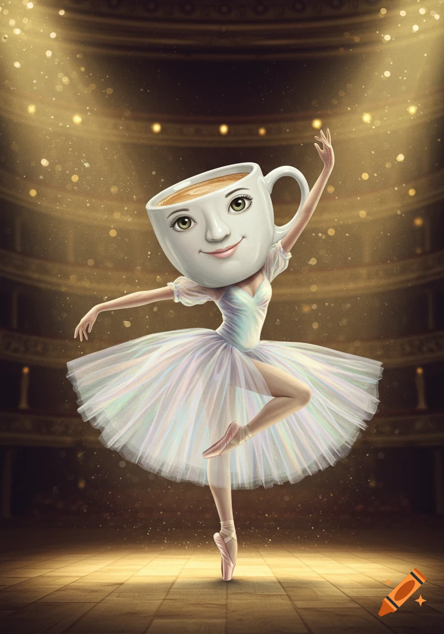 Whimsical illustration of a ballerina with a coffee mug for a head, dancing en pointe on a stage with golden lights.
