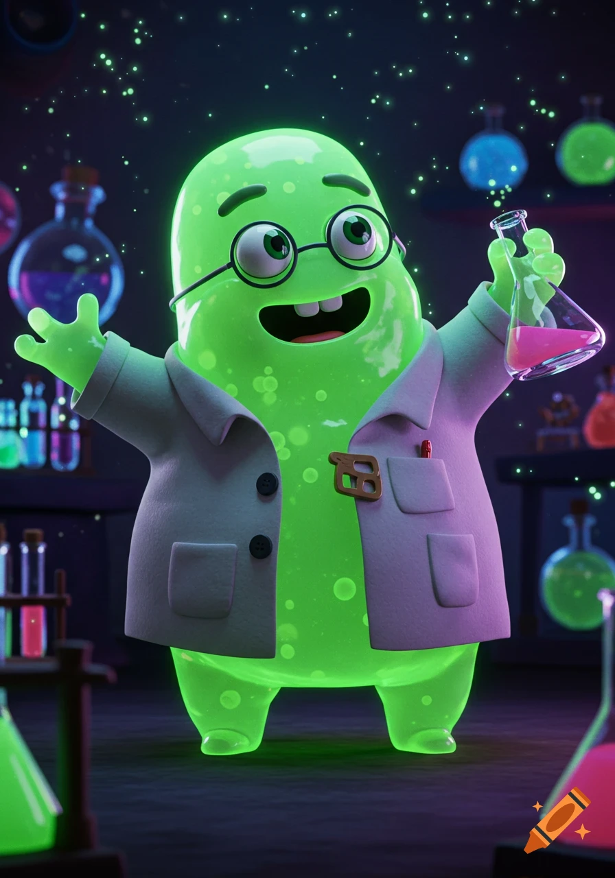 A happy, glowing green jelly doctor creature in a lab coat holding a pink potion, standing in a magical laboratory. Pixar-style 3D cartoon.