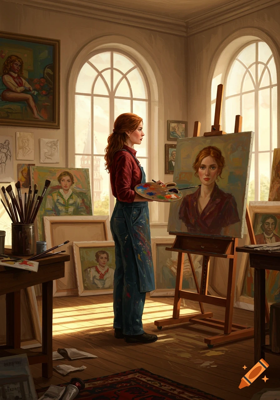 A red-haired woman in paint-splattered overalls paints a portrait in a sunlit artist's studio filled with numerous artworks, realistic style.