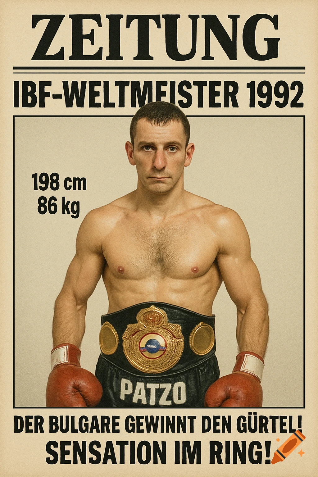 A poster featuring a shirtless male boxer in red gloves and black shorts with 'PATZO' on them, wearing a championship belt. Text reads 'ZEITUNG', 'IBF-WELTMEISTER 1992', '198 cm', '86 kg', 'DER BULGARE GEWINNT DEN GÜRTEL!', and 'SENSATION IM RING!'