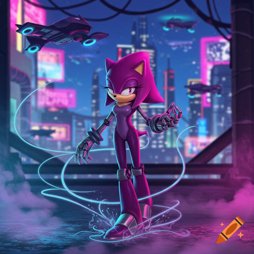 Purple hedgehog-like character with robotic limbs stands in a cyberpunk city at night with neon signs and flying vehicles. Blue glow around her feet.