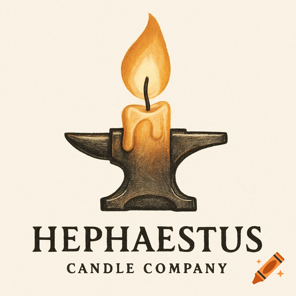 A logo for Hephaestus Candle Company, with a lit candle atop an anvil, in an illustrative style.