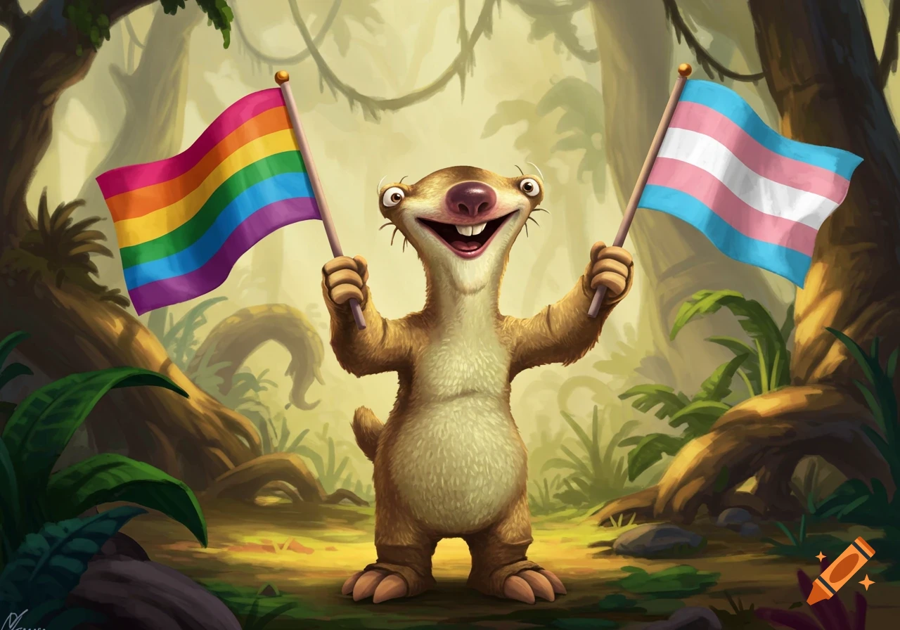 Sid the Sloth smiling, holding an LGBTQ+ rainbow flag and a transgender flag in a lush jungle.