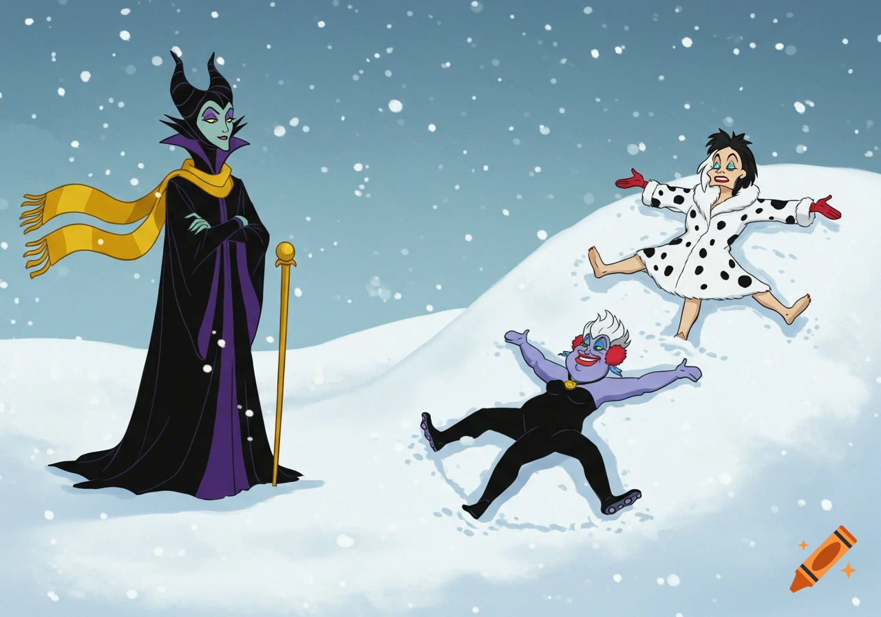 Maleficent in a yellow scarf stands watching Cruella De Vil in a spotted fur coat and Ursula in red earmuffs making snow angels in a snowy landscape, cartoon style.