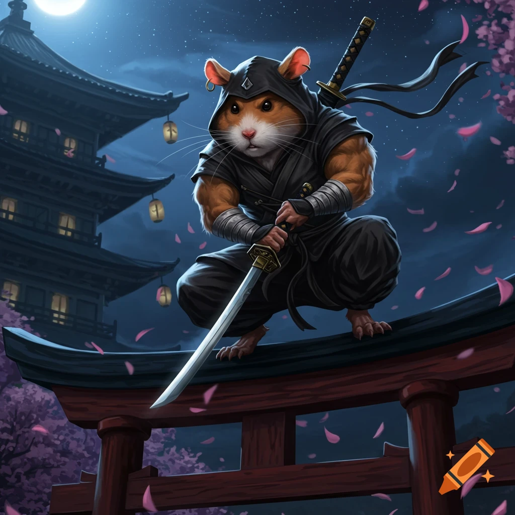 A muscular ninja hamster crouches on a torii gate roof with a katana, a pagoda in the moonlit, cherry blossom-filled night.