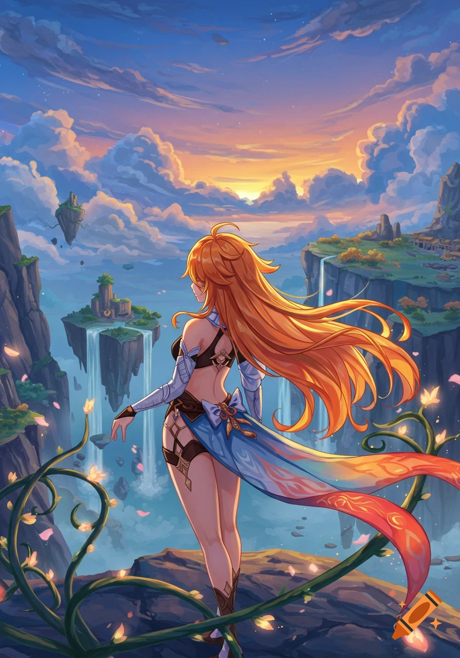 Anime female character with long orange hair from behind, looking at a fantasy landscape with floating islands and waterfalls under a sunset sky.