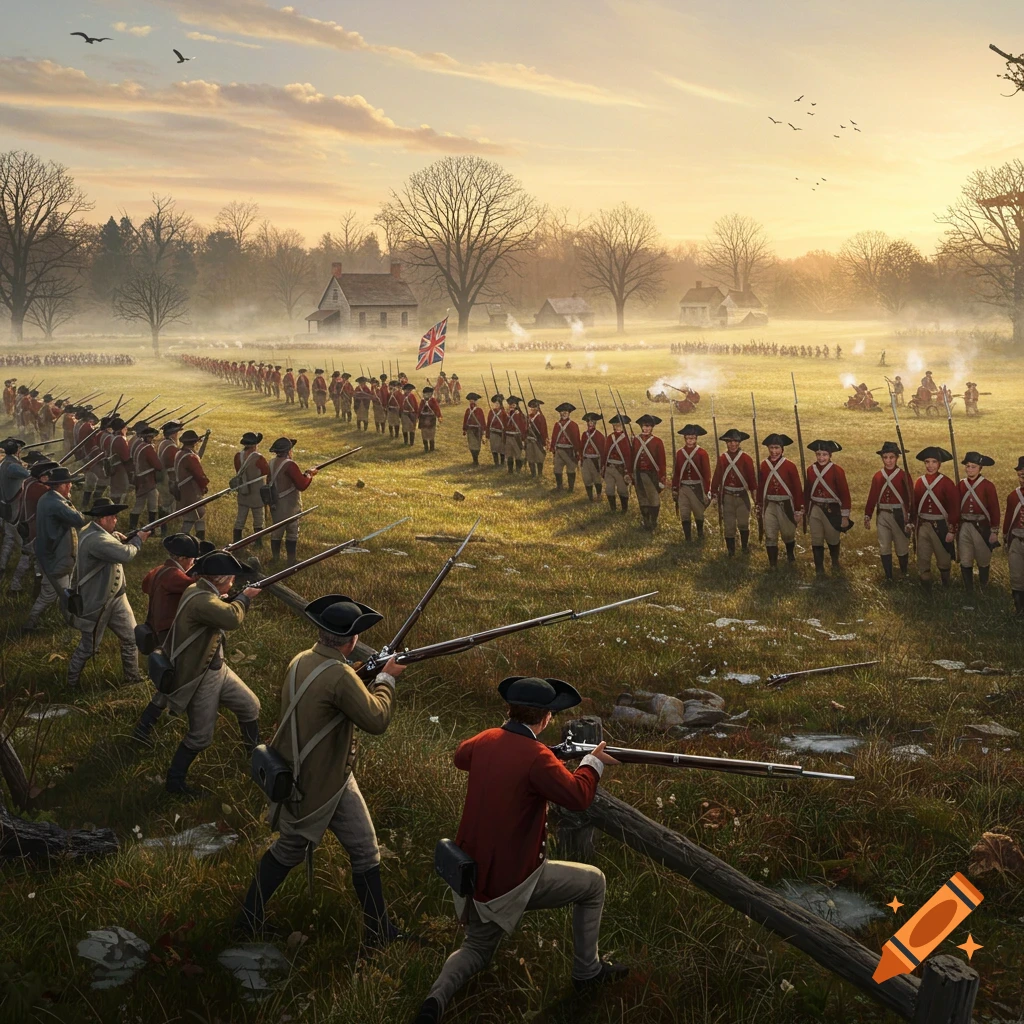 Photorealistic painting of American Revolutionary War soldiers in colonial and red coats firing muskets in a misty field at dawn.