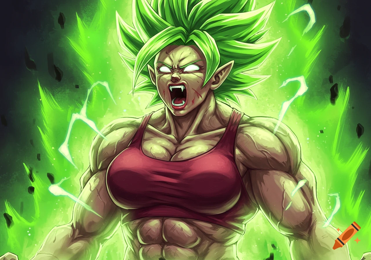 A muscular female anime character with green spiky hair and glowing white eyes, roaring aggressively while emitting a powerful green aura. She wears a red sports bra.