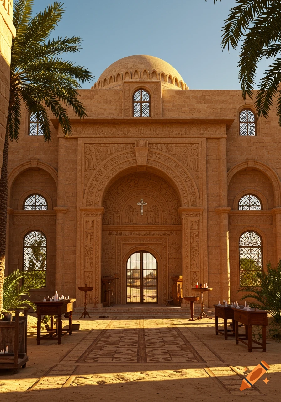 A grand Coptic temple made of golden stone with intricate carvings, a dome, and a large arched entrance, framed by palm trees under a clear sky.