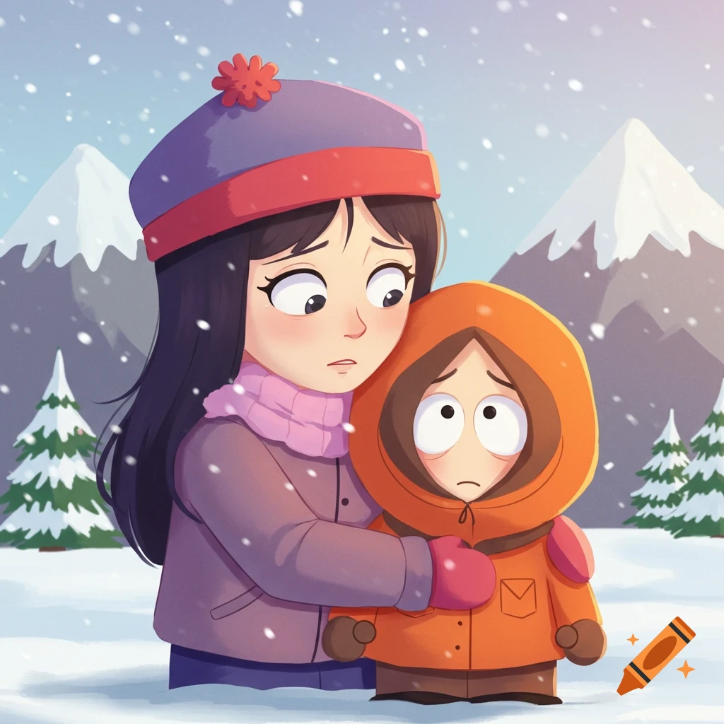 Cartoon style depiction of Wendy embracing Kenny in a snowy mountain landscape.