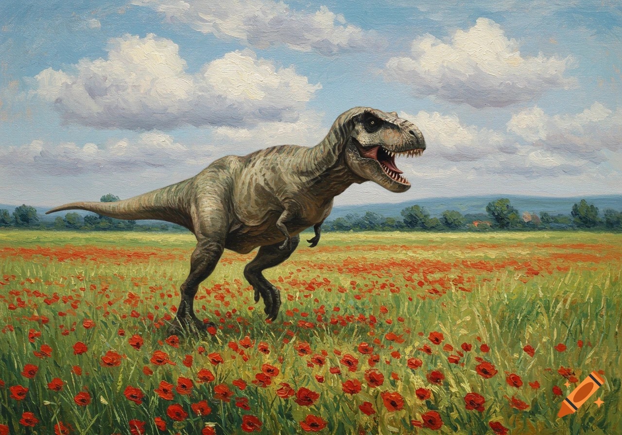 Impressionistic painting of a Tyrannosaurus Rex walking through a vibrant red poppy field under a cloudy sky.