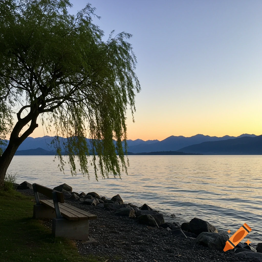Photorealistic image of a weeping willow tree and a bench on a rocky lake shore with mountains at sunset.