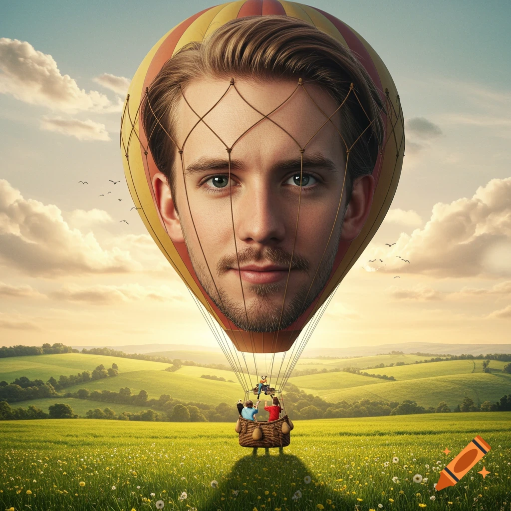 A large photorealistic man's face forms the balloon of a hot air balloon, with a basket of people below, floating over a green, rolling landscape at sunset.