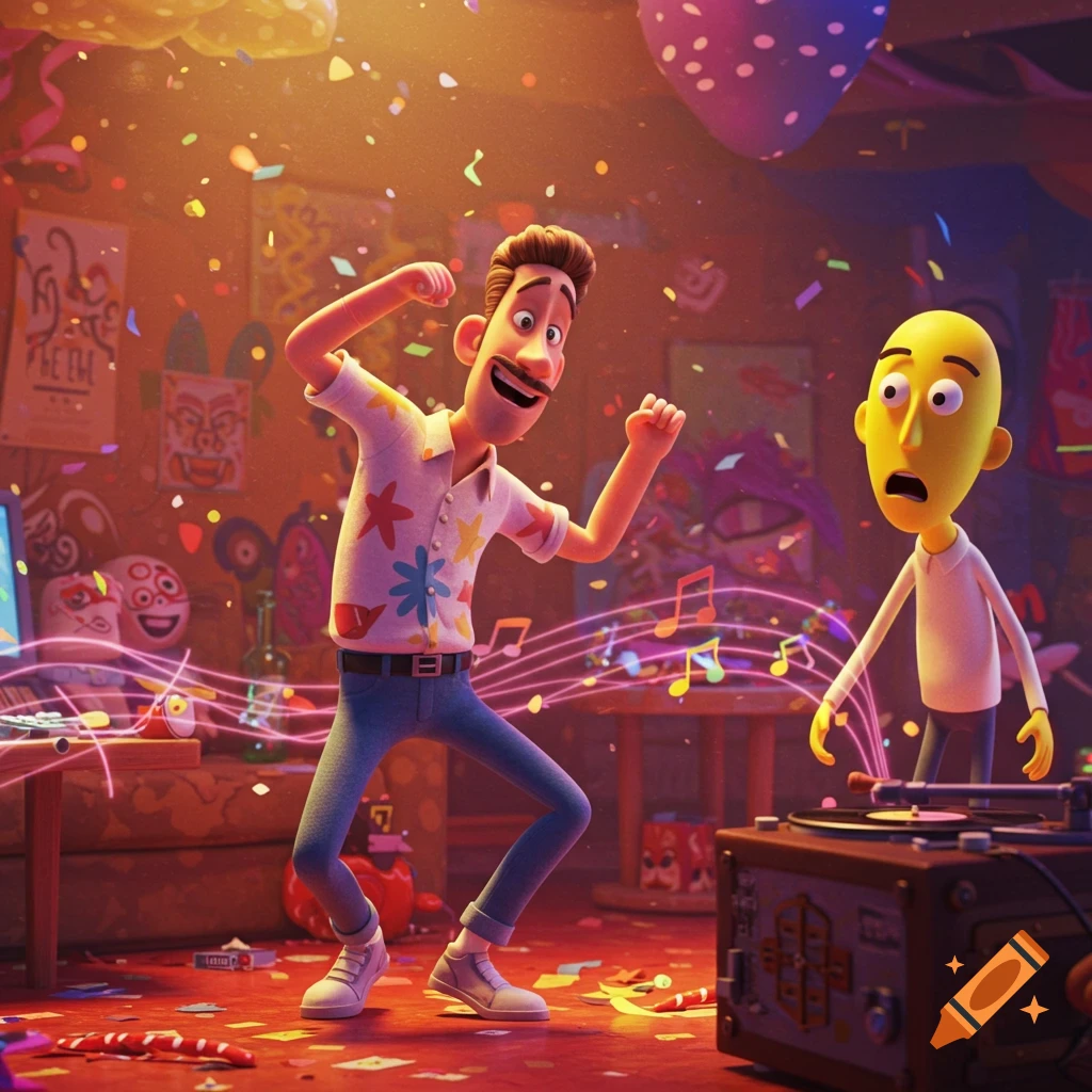 A cartoon man with a mustache dances at a confetti-filled party, while a bald yellow-faced man looks surprised by a record player.
