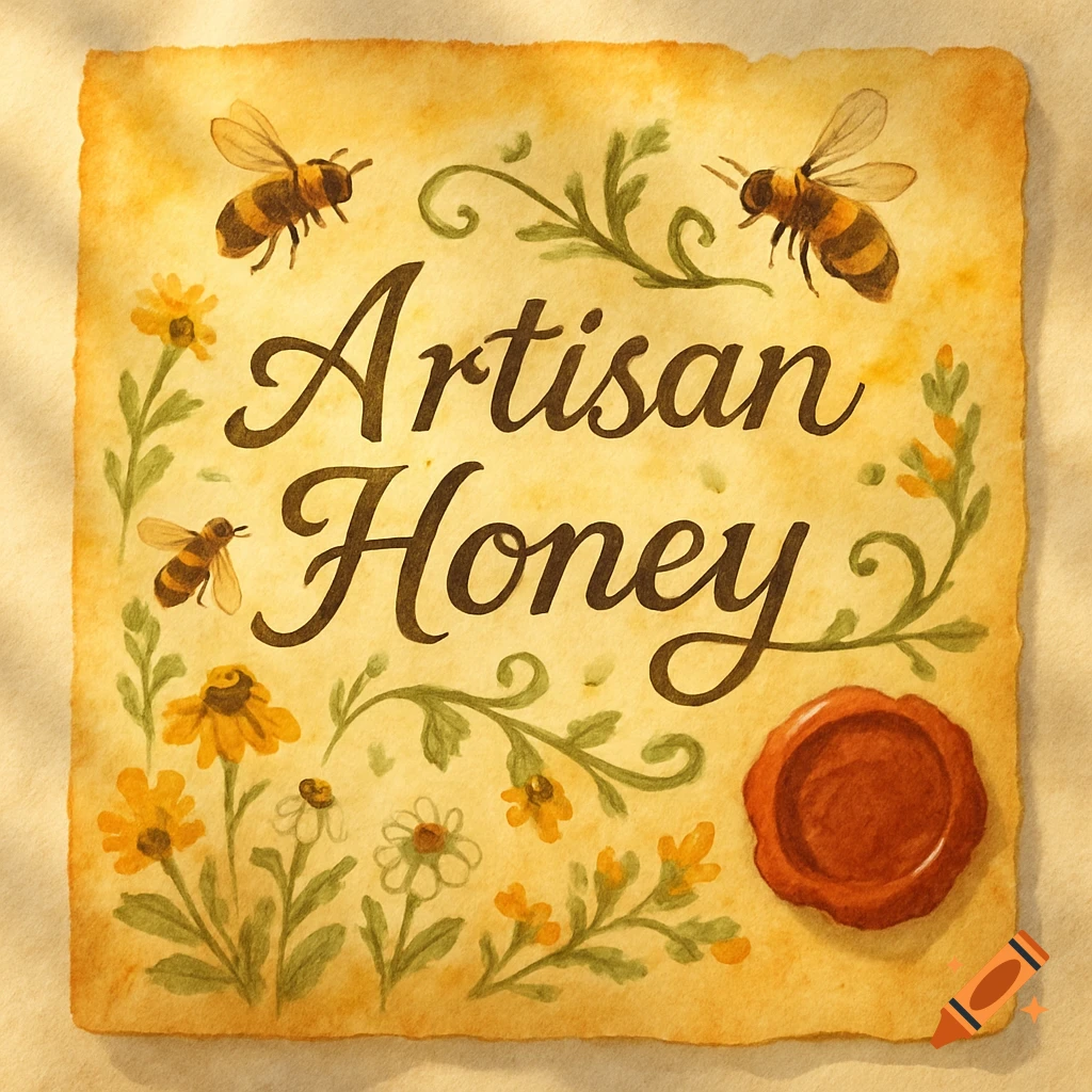 Watercolor illustration of a vintage-style 'Artisan Honey' label with bees, flowers, foliage, and a red wax seal on parchment.