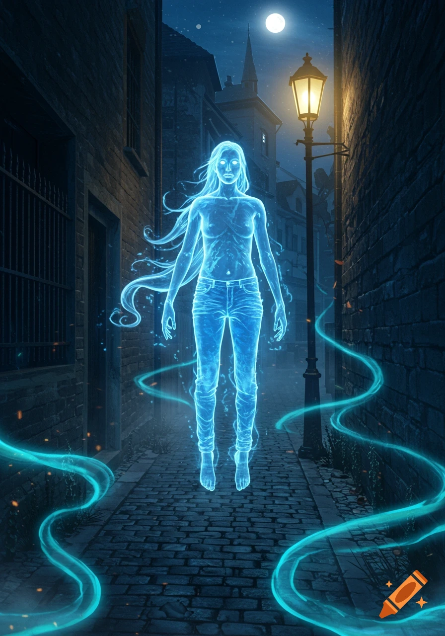 A glowing blue ethereal ghost, a woman in blue jeans, floats in a dark, moonlit cobblestone alley with a streetlamp.
