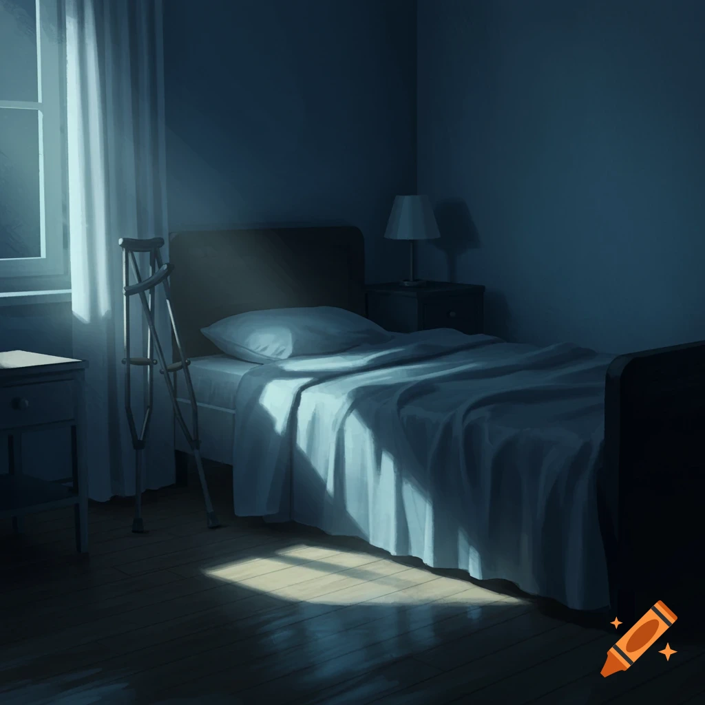 A dimly lit bedroom at night with a bed, nightstand, crutches, and moonlight streaming through a window.