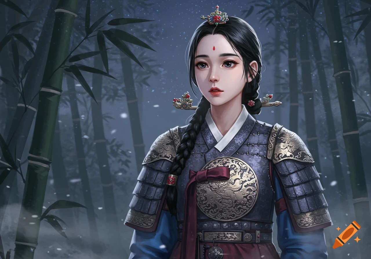 A beautiful Korean warrior woman in detailed armor stands in a misty bamboo forest, looking curious.