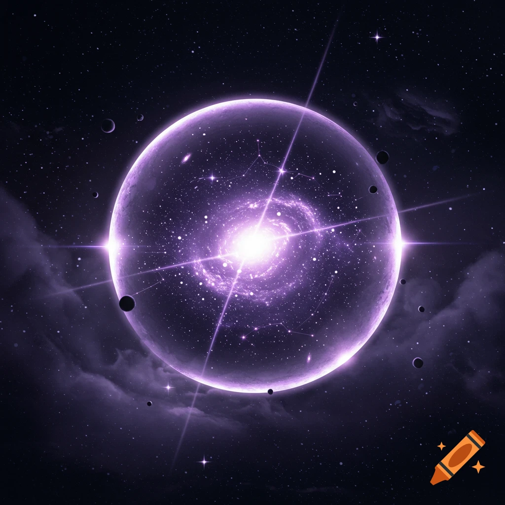 A vibrant purple glowing cosmic orb, resembling a galaxy, surrounded by stars, planets, and nebulae in dark space.