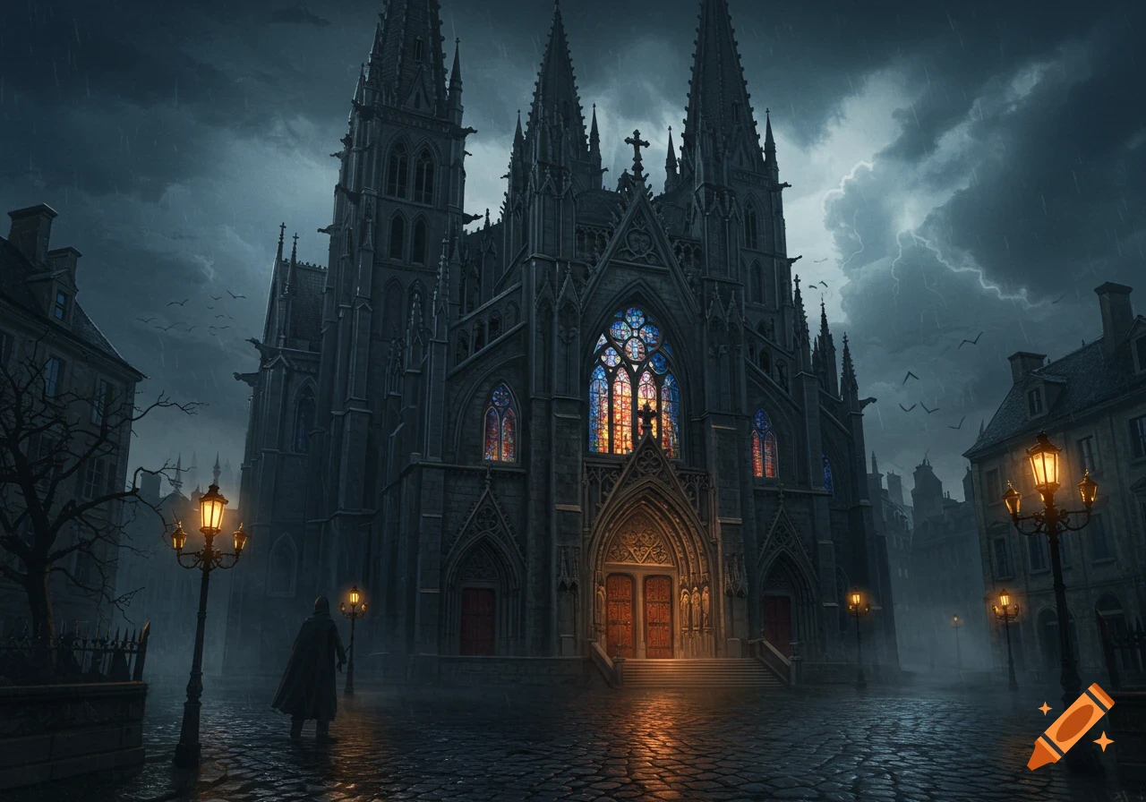A dark gothic cathedral with glowing stained glass windows under a ...