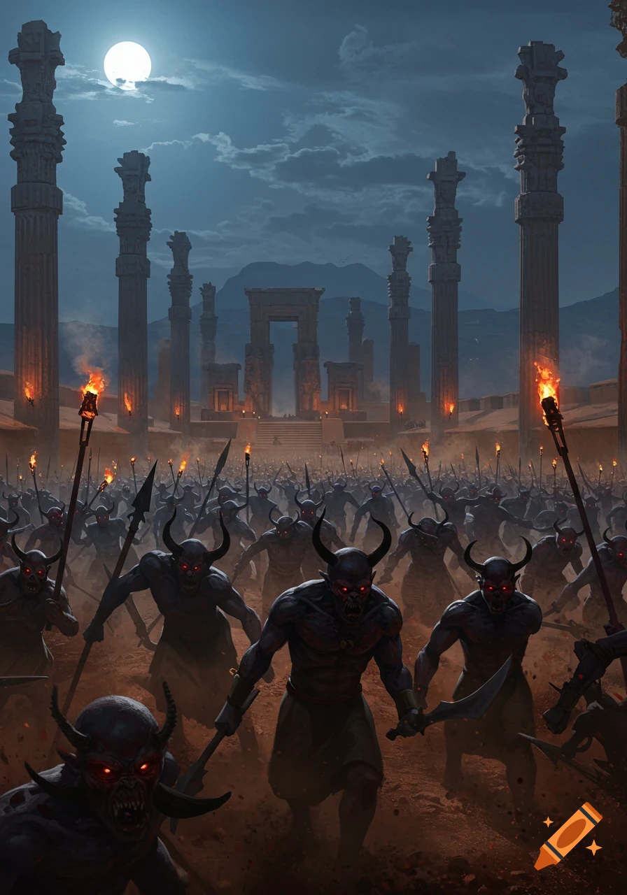A dark fantasy art piece showing a horned demon army with red eyes marching through ancient Persian ruins under a full moon at night, lit by torches.