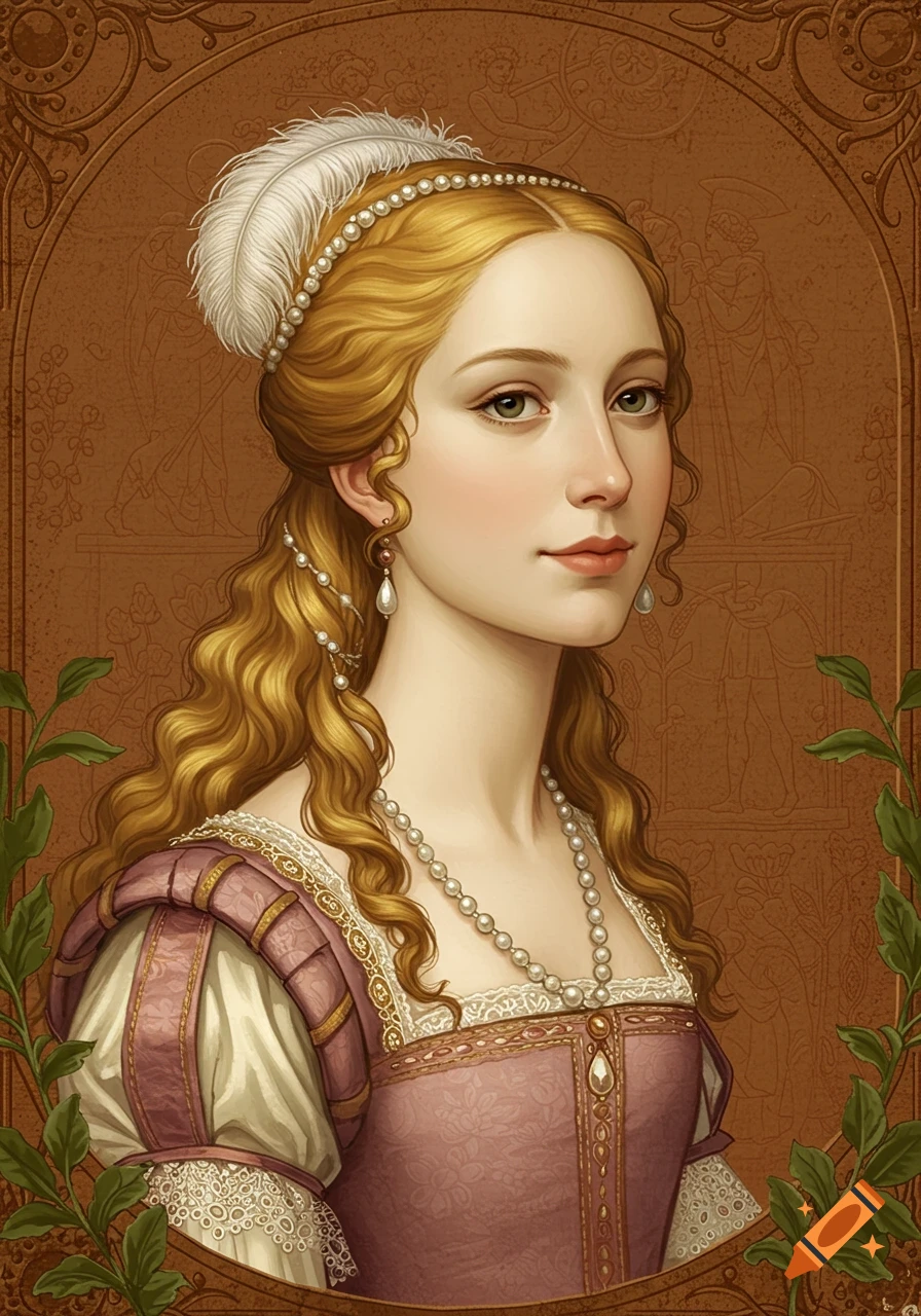 A classical-style portrait of a woman with long blonde hair, adorned with pearls and a feather, in a Renaissance gown.