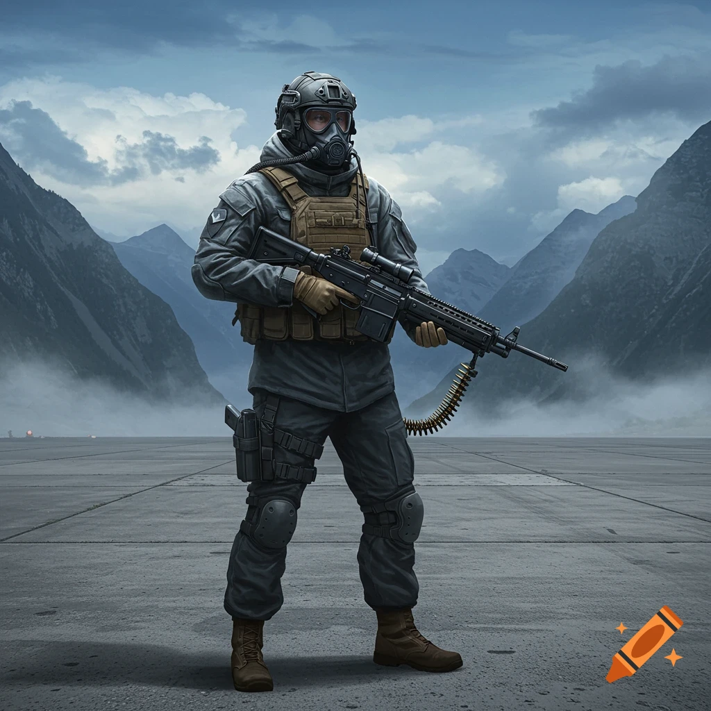 A soldier in a gas mask, helmet, and tactical vest stands on a runway, holding a machine gun with mountains in the background.