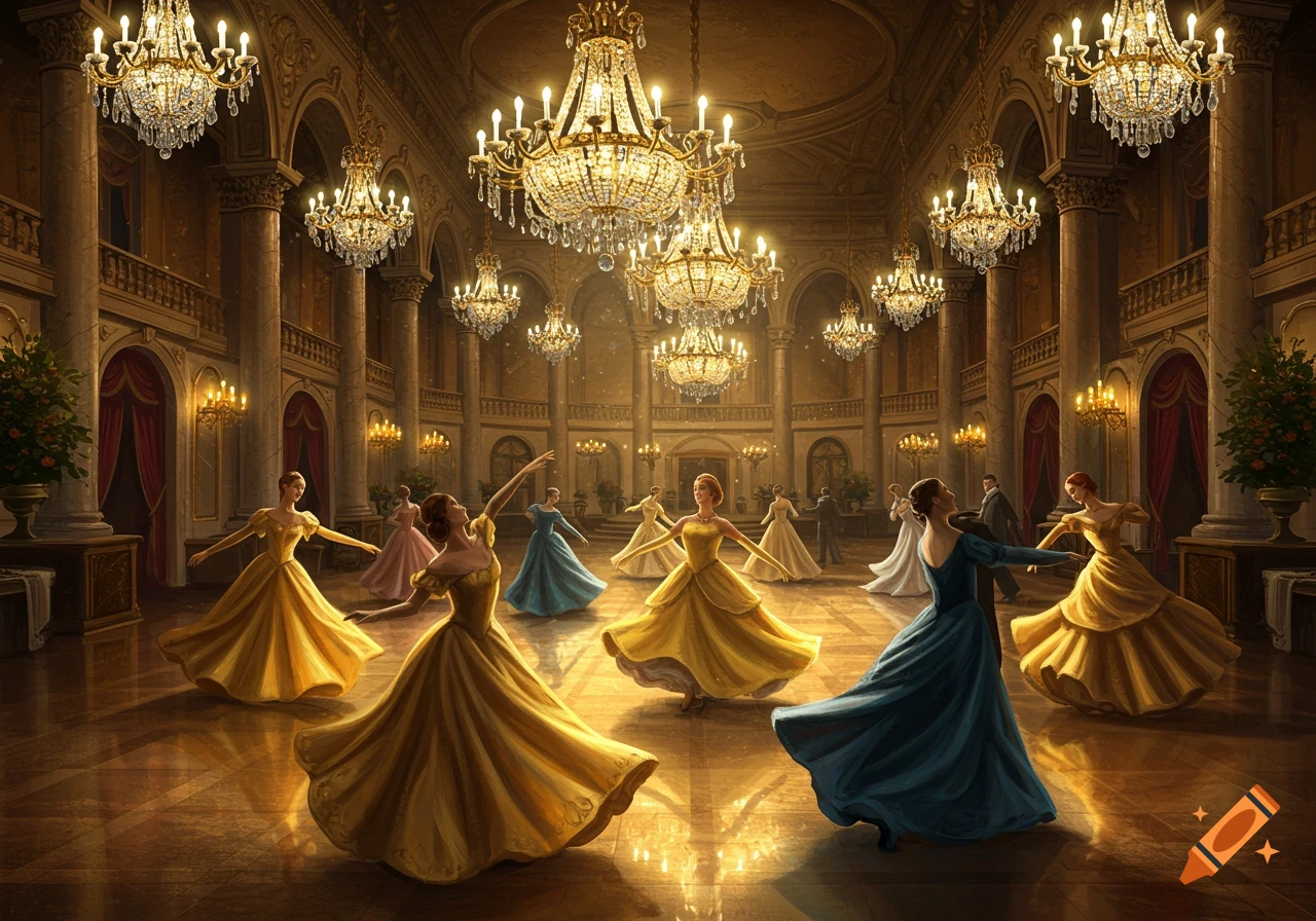 Dancers in elegant gowns twirl in a grand ballroom with many sparkling chandeliers and classical architecture.