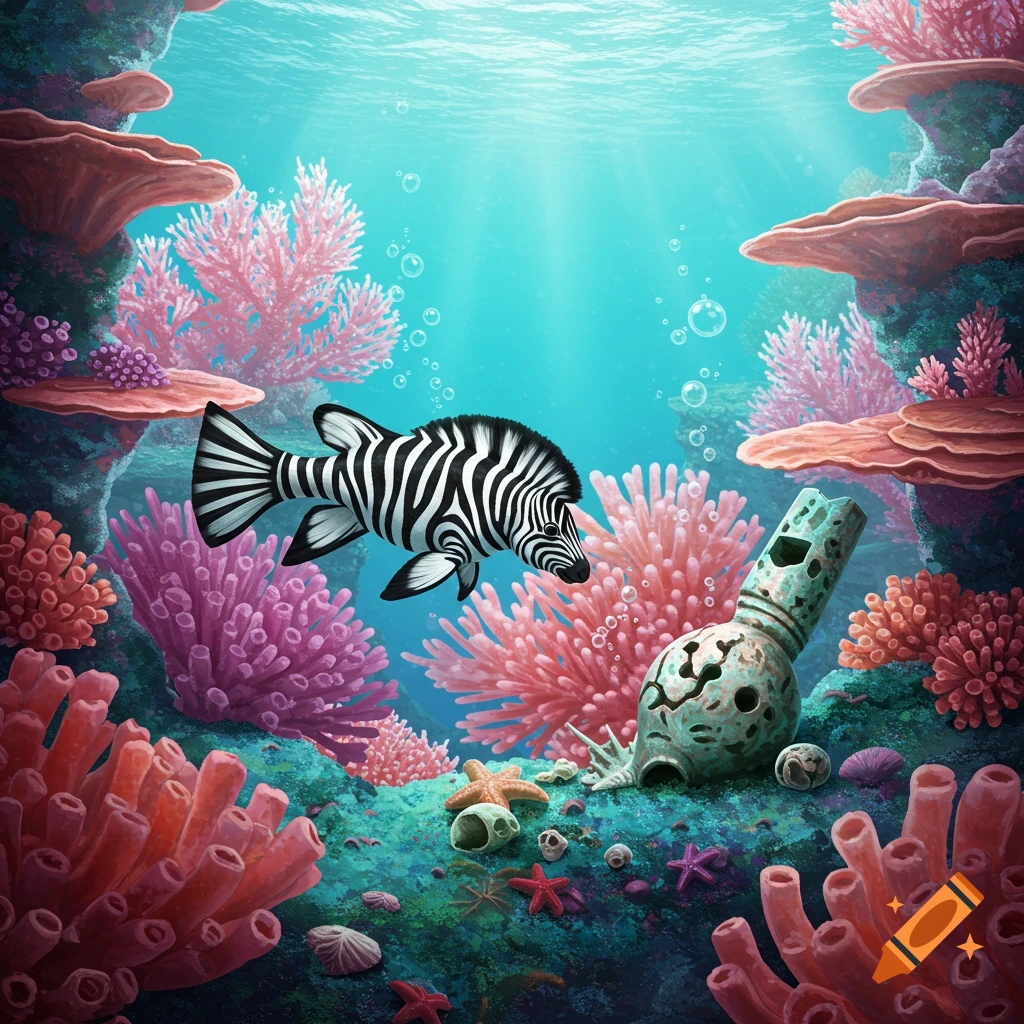 A vibrant underwater coral reef scene with a zebra-headed fish swimming near a broken pipe and starfishes on the seafloor.