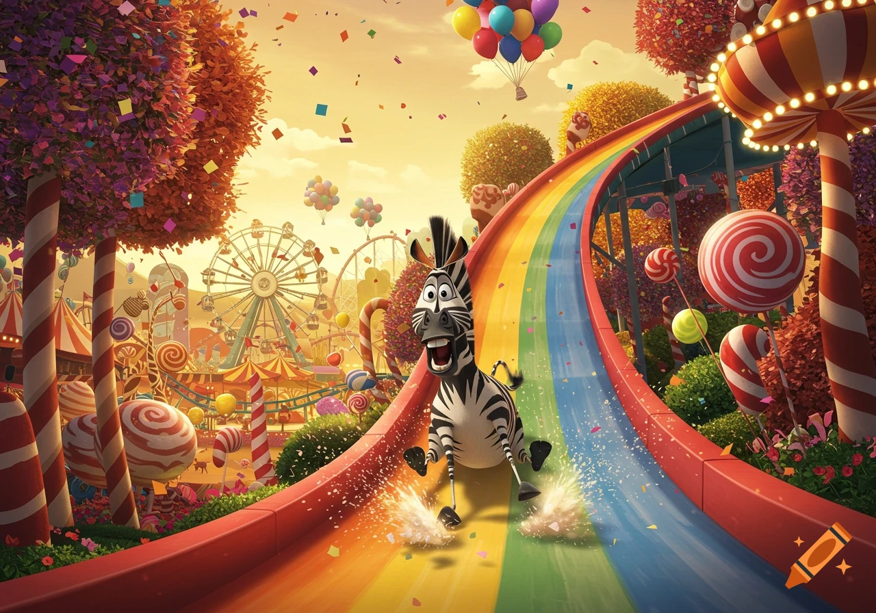 Marty the zebra slides down a rainbow-colored slide in a vibrant candy-themed amusement park at sunset with confetti.