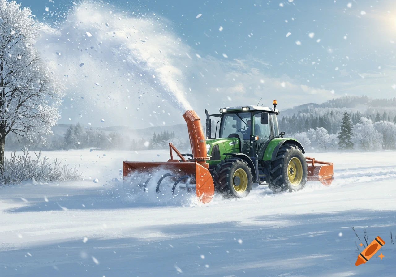 A green tractor with an orange snowblower clears snow in a vast, sunny, snowy winter landscape.