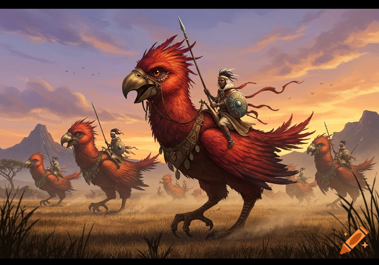 A fantasy scene depicting several warriors from a nomadic tribe riding large, red, bird-like creatures across a dusty plain at sunset.