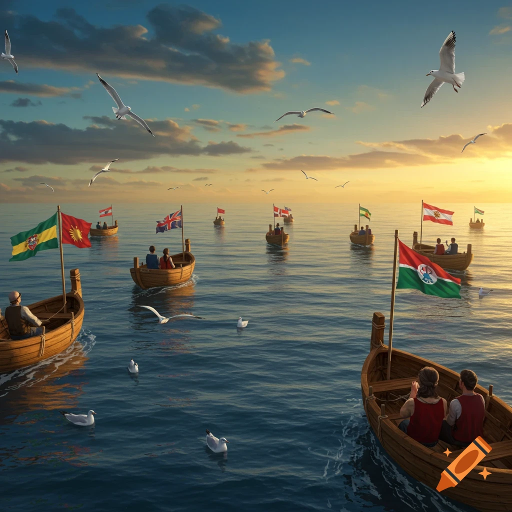 Multiple small boats with people and various flags sailing on a calm sea at sunset, with seagulls flying above. Artistic style.