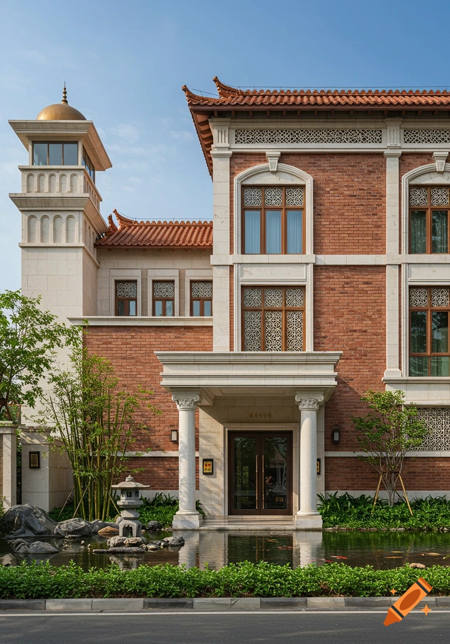 An ornate building with red brick walls, white stone trim, a Chinese-style roof, and an Arabic-style domed tower. A pond with koi fish and a Japanese stone lantern is in the foreground.